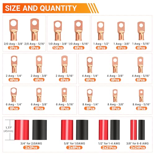 Kuject 220PCS Embouts de Câbles de Batterie 2/0 1/0 1 2 4 6 8 AWG, 110PCS Kit de Lugs en Cuivre Robustes, Connecteurs de Câbles de Batterie avec 110PCS Tubes Thermorétractables 3:1