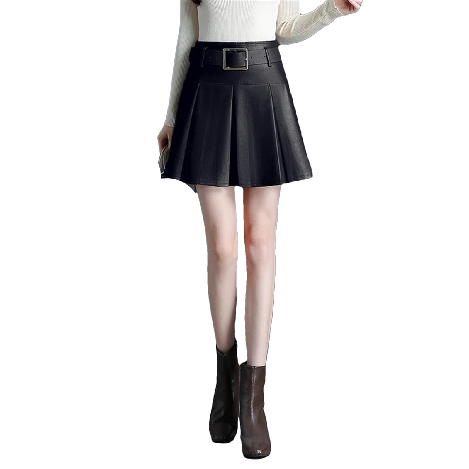 Minifalda de piel sintética para mujer, para otoño e invierno, cintura alta, elegante, corta, plisada, falda para botas