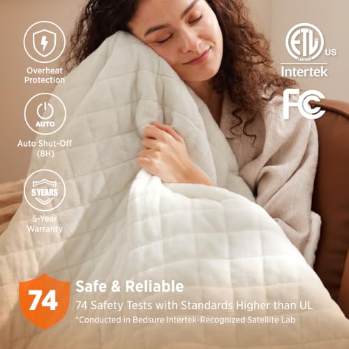 Image of Bedsure Luxury Quilted Heated Throw Blanket, Thick Electric Blanket, Ivory