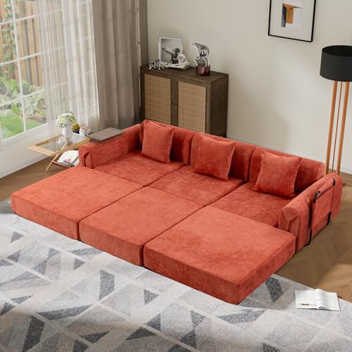 Image of 100 inch Convertible Sofa Bed, 5-in-1 Modular Sectional Cloud Couch with Fixed-Shape Frame & Storage Pocket, No Assembly Required Boneless Sleeper Sofa for Living Room, Chenille Orange