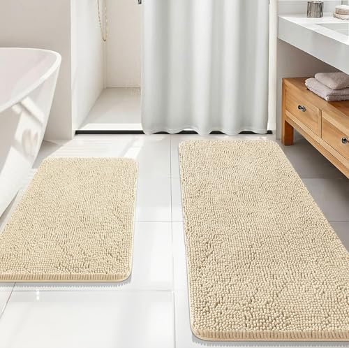 Image of OLANLY Bathroom Rugs Sets 2 Piece, Soft Absorbent Chenille Bath Mats Area Rug Set, Non-Slip, Quick Dry, Machine Washable Bath Mats for Bathroom, Home Decor Accessories (59 inchx20 inch+30 inchx20 inch, Beige)