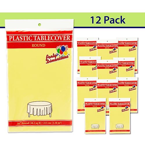 Image of Party Dimensions Yellow Disposable Plastic Tablecloth for Round Tables (12 Pack) 84 inches Table Cloths for Parties, Events & Weddings, Indoors & Outdoors, Plastic Table Cover