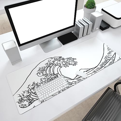 Image of Ovenbird Gaming Mouse Pad with Stitched Edges, Japanese Wave White Extended XL Mousepad with Anti-Slip Base, Cool Large Mouse Pad for Desk, 31.5 x 11.8 in, White