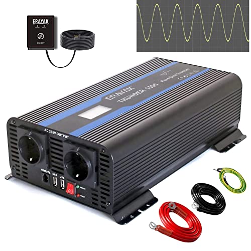Erayak Spannungswandler 12V auf 230V Reiner Sinus Wechselrichter 1500W/3000W mit 6m Fernbedienung und LED-Anzeige für Fahrzeuge Kfz Solar Auto Wohnmobil Haushaltsgeräten