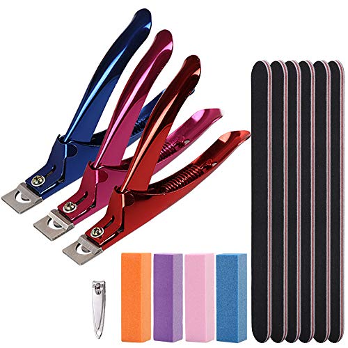 False Nail Clipper Set Acrylic Nail Tips Cutter Clipper Kit Profeesional Fake Nail Clippers for Acrylic Nails Nail Catcher Trimmer Manicure Tool Nail Files and Buffer (Purple Red Blue)
