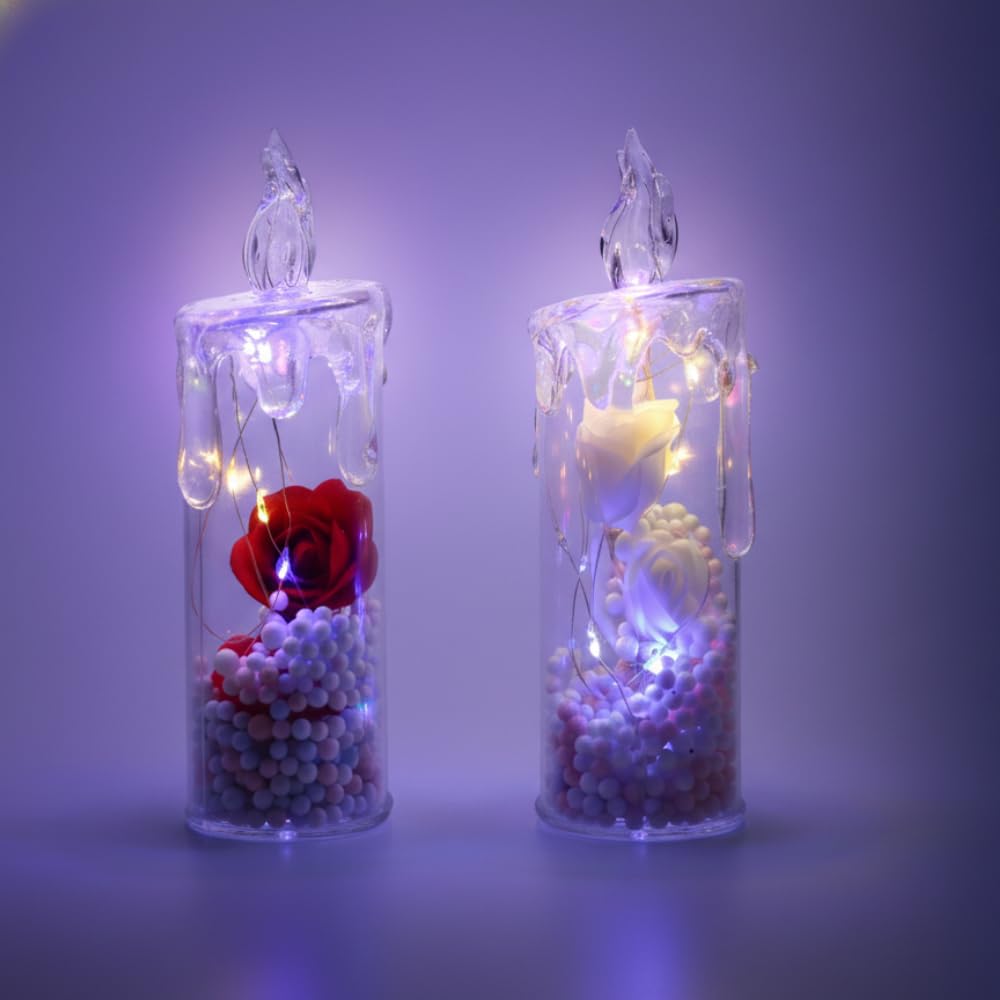 Magical Treazure LED Decorative Candle Light Combo – Set of 2 Crystal Effect Flameless Candles with Rose Design, Colorful Fairy Lights for Home, Bedroom & Festive Décor (Red and White)-picture-10