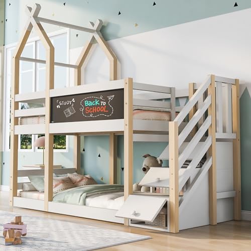 LAKFEW Litera de 90x200 cm con Pizarra y Escalera de Almacenamiento, Cama Infantil para 2 Niños, Literas Infantiles con Protección Anticaída y Diseño de Casa, Natural+Blanco, Sin Colchon