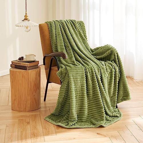 MIULEE Flannel Fleece Throw Blankets Soft Warm Comfortable Throws for Sofa Corduroy Fluffy Blanket Bed Throw for Bedroom Couch Travel Kids Bedroom Accessories 60x80Inch Green