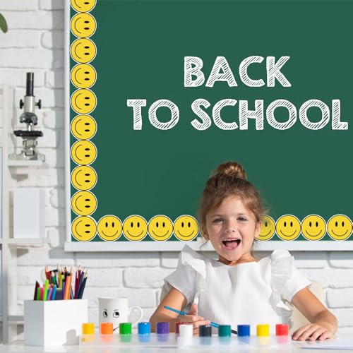 Image of Whaline 65.6 Ft Back to School Bulletin Board Border Smiling Face Trim Borders Non-Stick Yellow Paper Border Roll for Teachers' Day Classroom Chalkboard Decoration