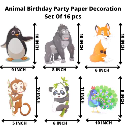Image of Party Decorz Animal /Jungle /Safari Theme Birthday Paper Decoration Set Of 16pcs(1pcs Happy Birthday Banner +12pcs Animal Paper Cutout +2pcs Props +1pcs Cake Topper)For Kids Animal Theme Birthday Party