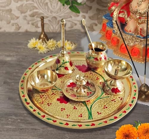 TRAFAART Indian Golden Pooja Thali with Velvet Box 10 Inch Handcrafted Brass Puja Thali Set of 7 Pcs Festival Meenakari Arti Thali