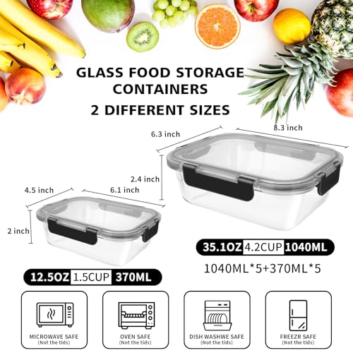 MEETOZ 10 Pack Glass Meal Prep Containers, Airtight Glass Food Containers, Stackable Glass Food Storage Containers Set with Lids,BPA-Free, for Microwave, Oven, Freezer and Dishwasher - Image 3