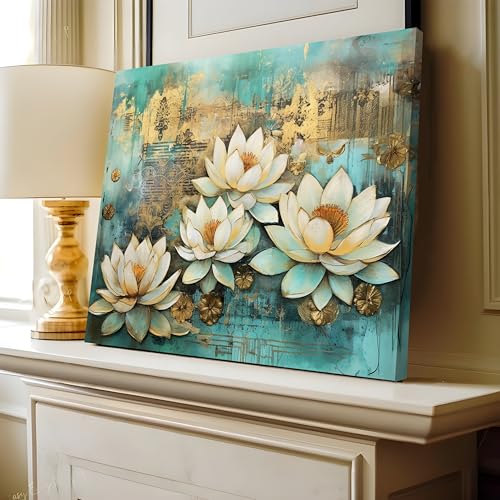 Image of PAINTINGMANTRA White Lotus Flower Canvas Wall Art Painting for wall decoration, Lotus floral Stretched Canvas Painting for living room, bedroom, Home and Office, 16x22 Inch