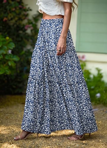 Image of Lepunuo Womens Casual Boho High Waisted Flowy Maxi Skirts Tiered Floral Long Skirts with Pockets for Summer Beach Vacation