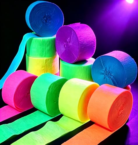 6 Rolls 600 Feet Neon Crepe Paper Streamers UV Black Light Reactive Fluorescent Streamers Glow In The Dark Neon Hanging Backdrop Decor for Glow Party Birthday Wedding Halloween Rave Party Supplies
