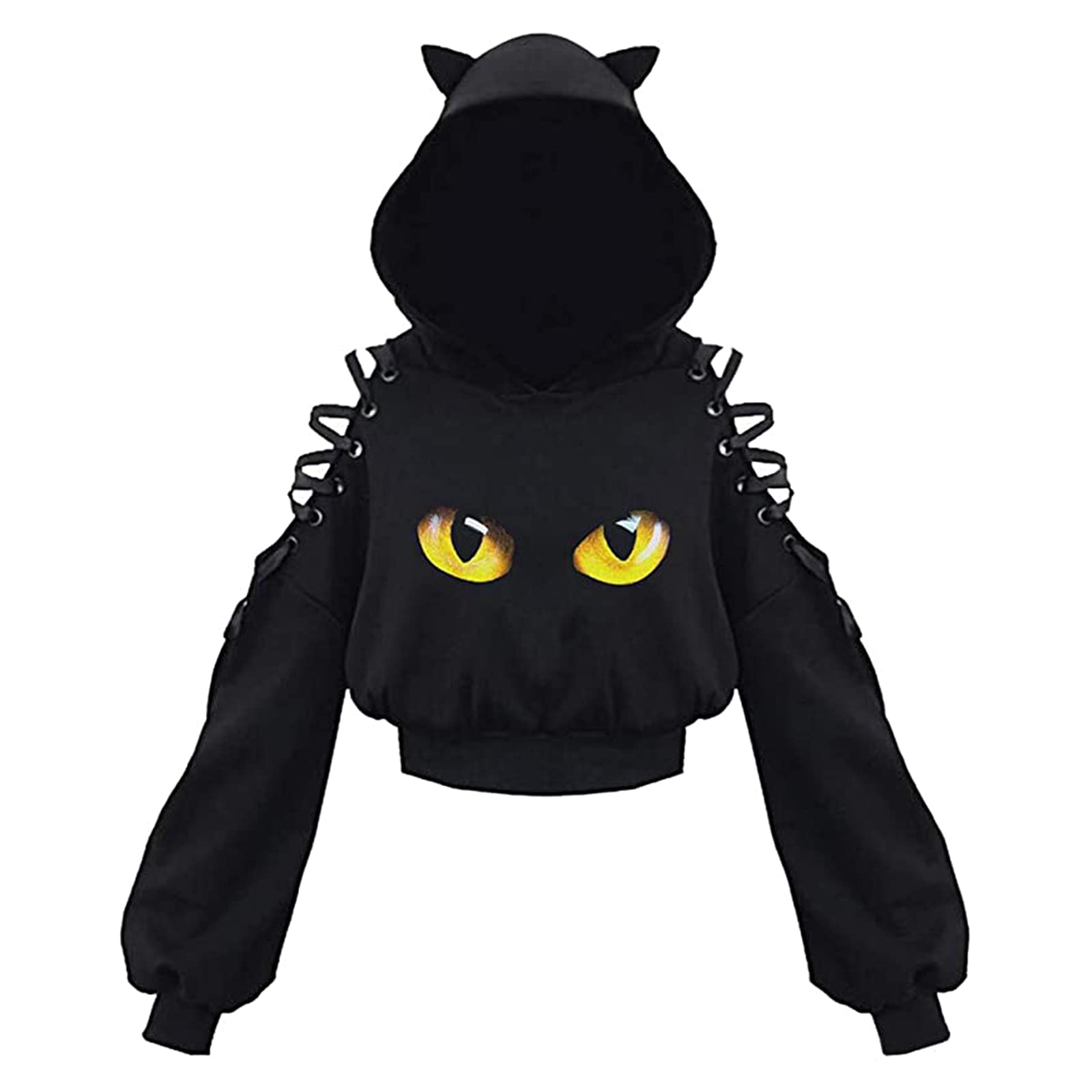 Women's Cute Cat Cutout Long Sleeve Off Shoulder Cropped Top Black Cat Print Oversized Hoodie Punk Gothic Sweatshirt