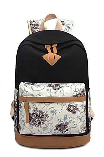 Preisvergleich Produktbild Vococal® Mädchen Student Blume Gedruckt Leinwand Rucksäcke Schulrucksäcke - Damen Multi-purpose Outdoor Reisen Rucksackhandtaschen Schultasche Tablet Laptop Tasche, Schwarz