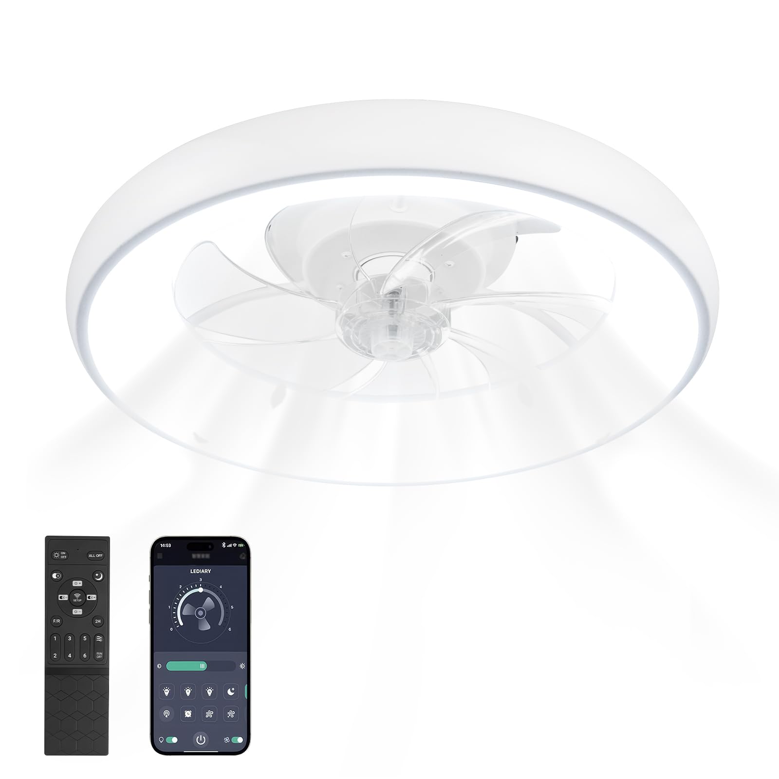 USOR Ceiling Fans with Lights and Remote, 20'' Low Profile Fan with Light, 6 Wind Speeds, Modern Dimmable LED Ceiling Fans, Modern Smart Fan for Bedroom/Living Room/Kitchen (White) Matte White