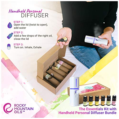 Rocky Mountain Oils Handheld Personal Essential Oil Diffuser & The Essentials Kit - Lavender, Lemon, Orange, Peppermint, Tea Tree, And Rosemary Essential Oil - 5Ml #TOP3