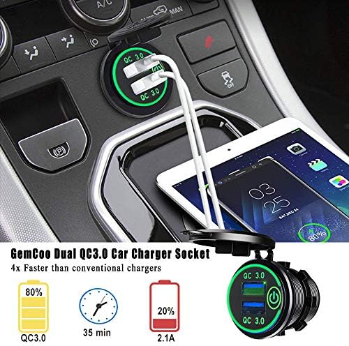 Quick Charge 3.0 USB Car Charger Socket 12V/24V 36W Dual QC3.0 USB Fast Charger Socket Power Outlet with Touch Switch for Marine, Boat, Motorcycle, Truck, Golf Cart (Green)