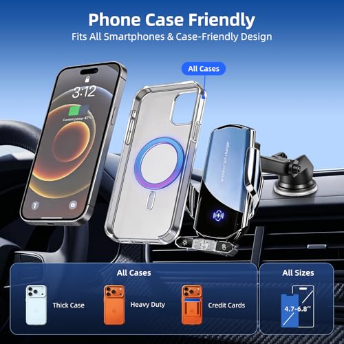 Image of Car Phone Holder,Car Mount Charger,15W Wireless Charging & 10W Magnetic Charging(3 Connectors),Auto-Clamping Hands Free,Suction Cup Mount for Windshield,Mirror & Screen,Car Accessories & Gift