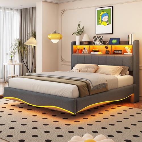 UIHECTA Cama Elevable Almacenaje, Cabecera EstanteríA Y EstacióN Carga, Cama Tapizada con Luces Led, No Necesita Somier, Silenciosa,Gris,140cm*200cm