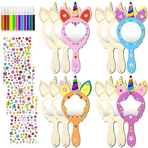 Leeelyan Einhorn Basteln,27 Stück DIY Holzspiegel Handwerk,Mini Holz Spiegel,Holz Einhorn Spiege,Bastelset kindergeburtstag einhorn,Holzspiegel zum Bemalen für DIY Kinder Malen,Kinder Geschenk Party