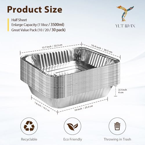 Image of YLT WAX 9x13 Disposable Aluminum Foil Pans 20 Pack, Durable Half Size Deep Extra Heavy Duty Food Containers for Baking, Cooking, Roasting, Heating or Steam Table