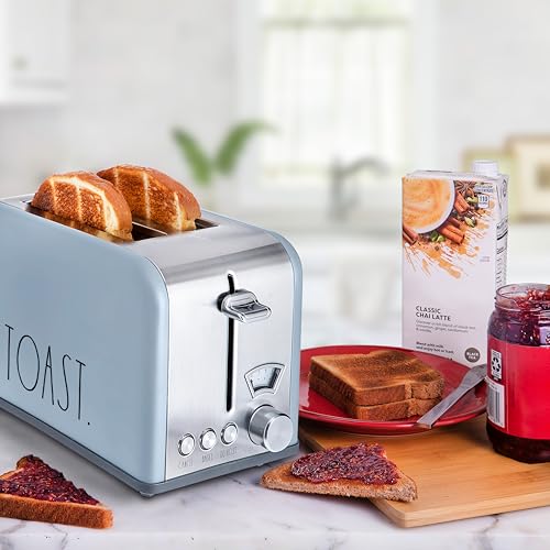 Rae-Dunn-Toaster-Stainless-Steel-2-Slice-Square-Toaster-Wide-Slot-with-5-Browning-Levels-with-Bagel-Defrost-and-Cancel-Options-Baby-Blue