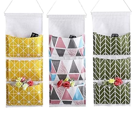 Enchantment ARAA PAVA Wall Hanging Storage Bag, Creatiee Waterproof Over The Door Closet Organizer Linen Farbric Hanging Pocket Organizer with 3 Remote-Sized Width Pockets for Bedroom