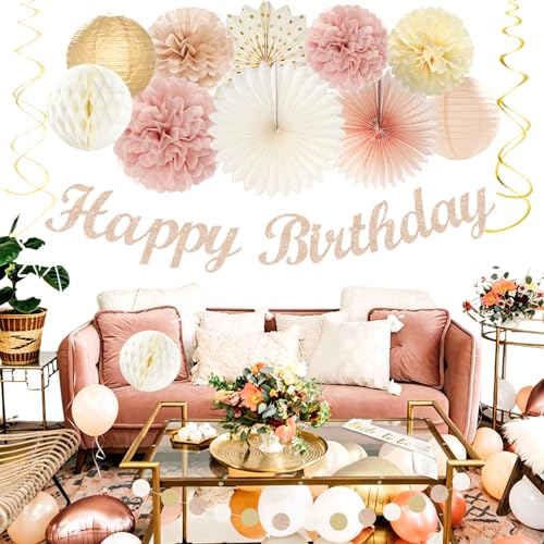 Image of Beige Champagne Rose Gold Women-Girls Birthday Decorations - 21pcs Fall Boho Party Happy Banner, Peach Streamers,Paper Lanterns,Pom Poms Fans 16th 18th 20th 21st 30th Birthday Rustic Backdrop Huglony