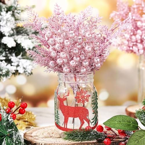 Cindeer 40 Pieces Christmas Tree Decorations Include 20 Glitter Berries Stems and 20 Xmas Tree Pick Leaves Fake Christmas Picks Artificial Pine Needles Glitter Sticks for DIY Wreath (Pink) by Cindeer - Image 3