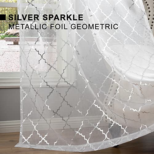 Kotile Moroccan Curtains For Living Room - White Sheer Curtains Silver Foil Moroccan Tile Print Rod Pocket Window Curtains Moroccan Trellis Sheer Curtains 84 Inches Long For Bedroom, 2 Panels #TOP3