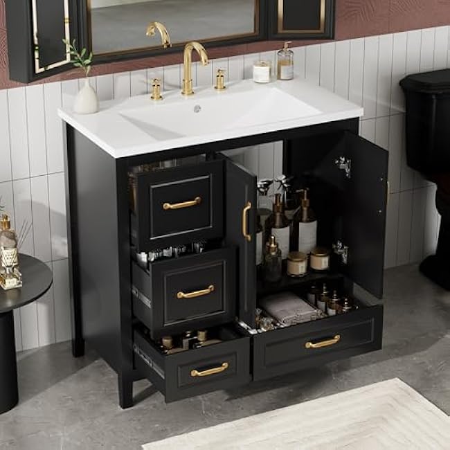 Bathroom Vanity Set, 36 Bathroom Vanity with Resin Sink Combo, Solid Wood Frame Bathroom Storage Cabinet with 5 Drawers & Soft Closing Doors, MDF Boards, Gold Metal Knobs