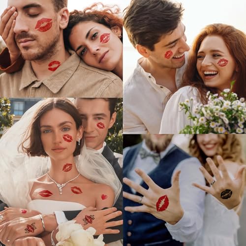 Image of 12 Sheets Red Kiss Temporary Tattoo Stickers, Red Lip Tattoo Heart Print Kiss Face Tattoos, Waterproof Black Lip Mark Temporary Tattoo for Valentine's Day Costume Accessories Birthday Party Decoration