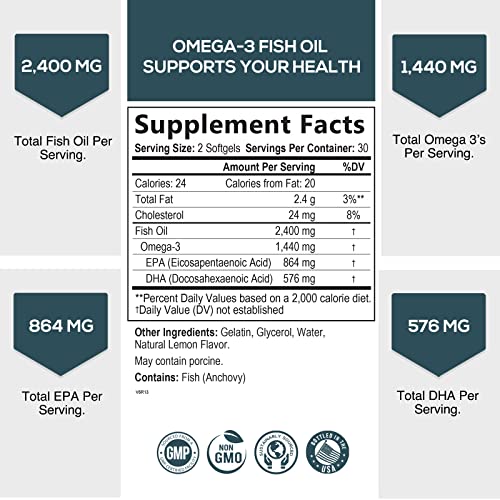 Fish Oil 2400 Mg With Omega 3 Epa & Dha - Triple Strength Omega 3 Supplement - Omega 3 Fish Oil Supports Heart Health, Nature's Brain & Immune Support - Non-Gmo Fish Oil Supplements - 60 Softgels #TOP1