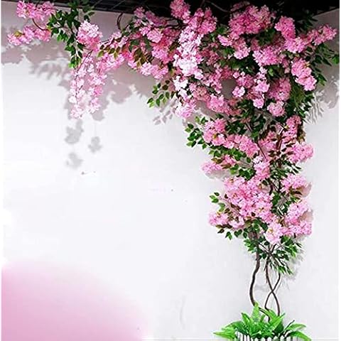 Artificial Cherry Blossoms Vines Fake Pink Sakura Cherry Blossom Hanging Vine Garland Silk Hanging Plants Plastic Hanging Basket Flowers Wedding Garden Decor Cover