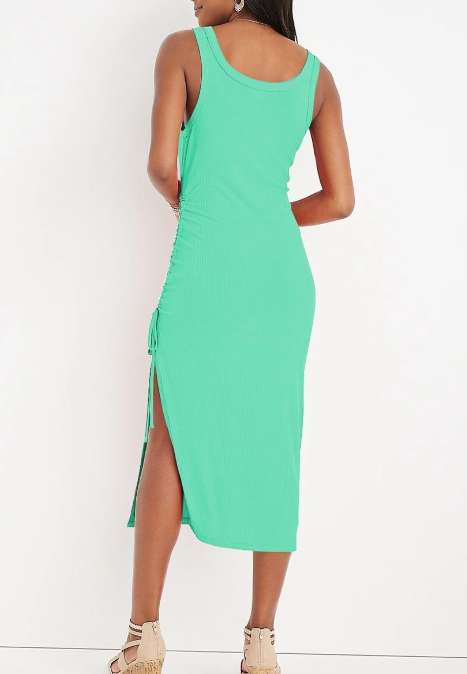 Womens Sexy Side Slit Drawstring Ruched Bodycon Casual Sun Maxi Dresses Sleeveless Ribbed Knit Tank Dress (Green, Medium) - Image 4