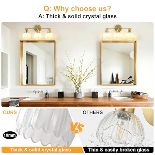 Image of Bathroom Light Fixtures, 3-Light Brushed Gold Vanity Lights for Bathroom with White Tulip Glass Shade, 20 inch Vintage Bathroom Vanity Lighting Fixtures Over Mirror for Bedroom Living Room Hallway