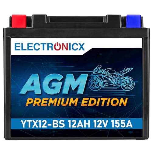 Electronicx AGM Premium YTX12-BS 12V 12Ah 155A CCA Hochleistungs-Motorradbatterie wartungsfrei und versiegelt auslaufsicher vibrationsfest und langlebig Ideal für Roller Quad ATV und Motorrad