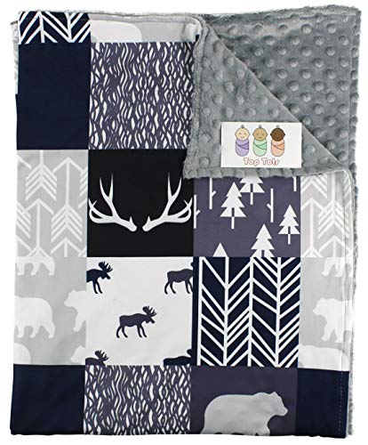 Image of Top Tots “Woodland Animals Collection” Minky Baby Blanket, Moose, Bear, Trees and Arrows, Navy, Black and Gray, 29 Inches by 39 Inches