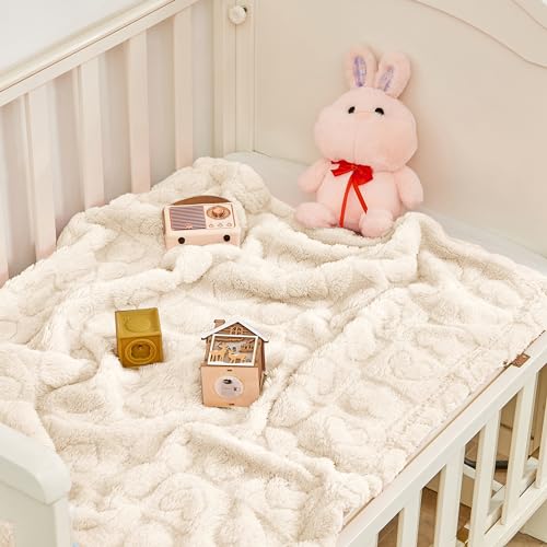 Image of Yurhap Heart Baby Blanket, Love Plush Fleece Baby Blankets for Boys Girls | Soft Sherpa Baby Boy Blankets for Infant Toddler Newborn Gifts, Fluffy Baby Essentials, For Crib Stroller, 30 inchx40 inch, Cream