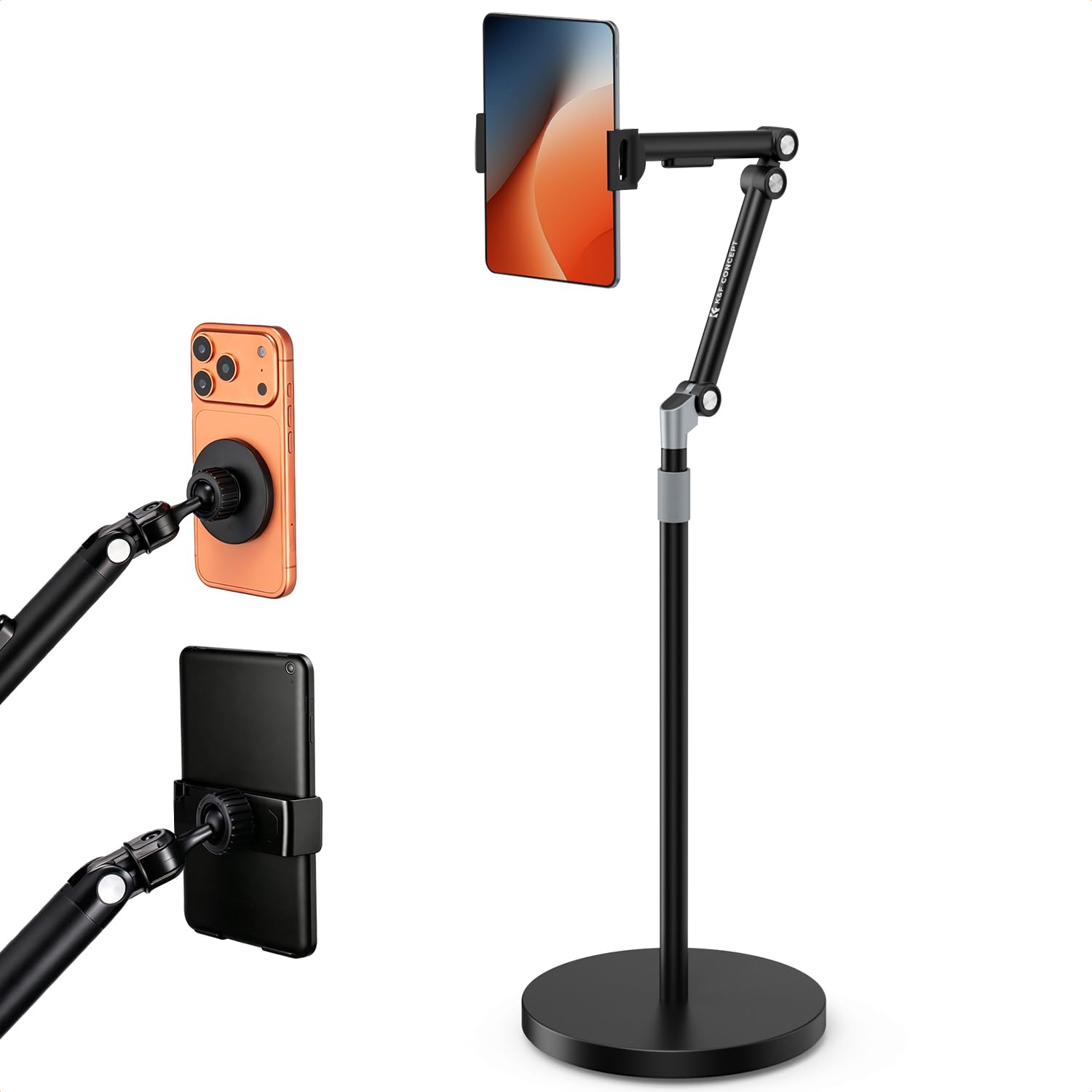 K&F CONCEPT Stojak podłogowy na telefon komórkowy, tablet, 25-160 cm, kompatybilny z iPad/iPhone | Regulowany stojak z głowicą kulową 360°, 25-160 cm, kompatybilny z tabletami i smartfonami