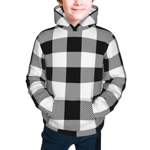 White And Black Plaid Pattern Kids Pullover Hoodies Boys Sweatshirts Girls Athletic Clothes with Pocket2