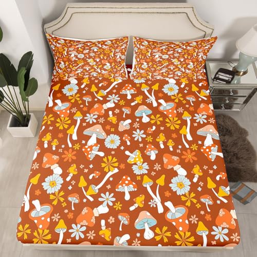 Cartoon Mushrooms Fitted Sheet,Full Size Farmhouse Style Rustic Plants Collections,Trippy Mushroom Bedding Deep Pocket for Children Teens Young with 2 Pillowcases(No Flat Sheet)