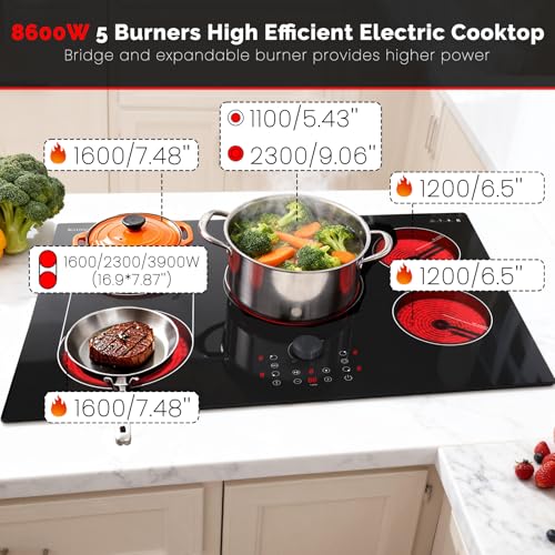 Image of Karinear Electric Cooktop 30 Inch with Magnetic Knob, Bridge BBQ, 5 Burner Radiant Stove Top, 8600W 240V Built-in Hob, 9 Heat Levels, 99-Min Timer, Child Lock, Pause