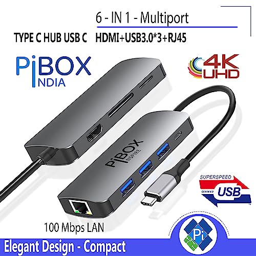 Image of USB C Hub Dock - PiBOX India 6 in 1 Aluminum Type C Adapter with HDCP Support 4K HDMI Port, Ethernet 100mbps RJ45 Port, USB 3.0 Port, USB-C Power Delivery, for Thunderbolt Devices