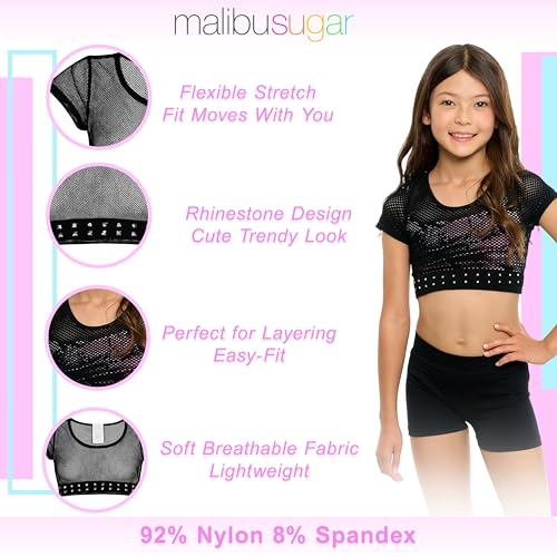Image of Malibu Sugar Girls Mesh Crop Top Sparkling Rhinestone Dance Outfits for Girls - Short Sleeve Breathable Activewear Ages 7-14