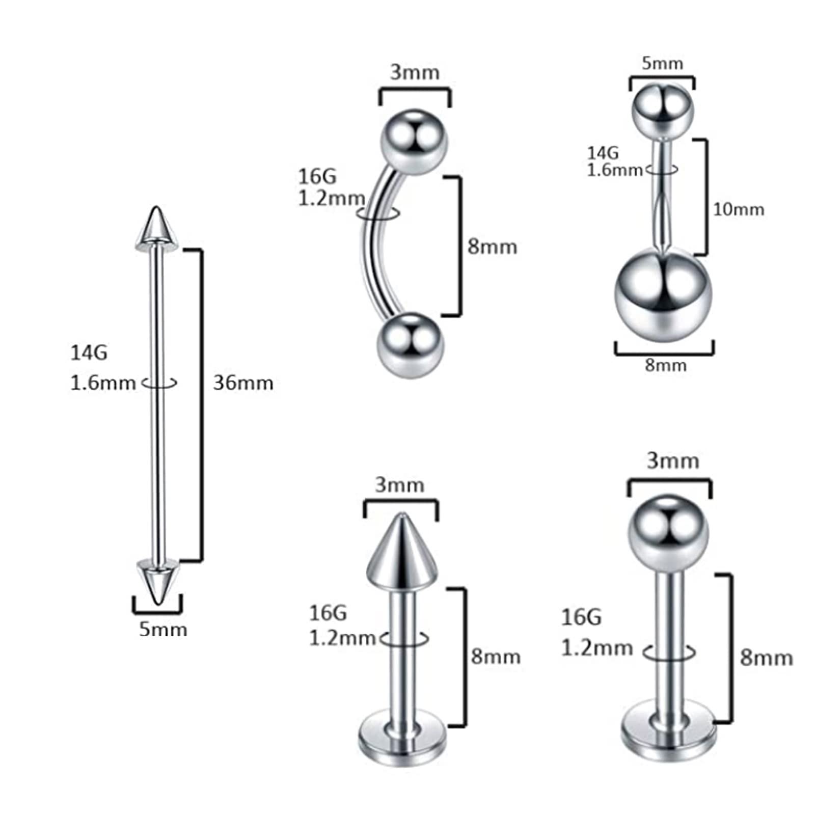 Epinki Biżuteria 150 sztuk kolczyków do uszu, srebrnych kolczyków do nosa, 1,2 mm, grubość pręcika C i S, ze stali nierdzewnej, piercing do nosa, dla kobiet, Stal nierdzewna, Bez cyrkonii