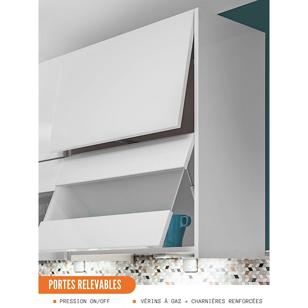 Cuisineandcie - Meuble haut de cuisine Bellissi Blanc Brillant 2 portes relevables avec vitre opaque L 90 cm